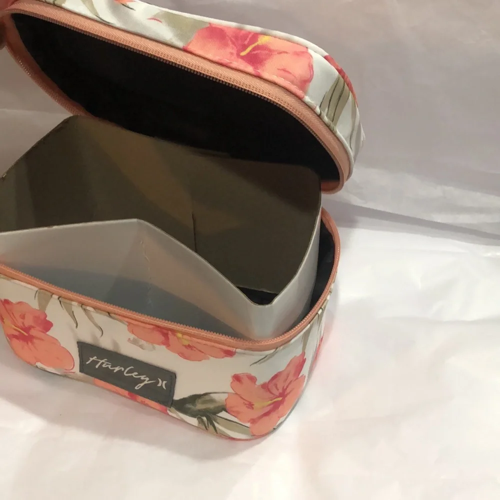 Hurley marshmallow white coral pink tropical print medium makeup beauty case new